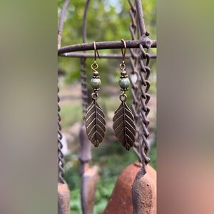 Handmade antique brass & blue-green beaded earrings with brass ear wires
